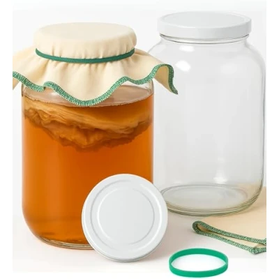 Afbeelding van myFERMENTS Grote Glazen Potten met Deksels 4,25 l Makkelijk om te Reinigen, Luchtdichte Verpakking Brede Opening, 50x50cm Mousseline Doekjes &amp; Elastiekjes Kombucha, Kefir, Fermentatie, Inleggen in Zuur, Conserven, Set van 2