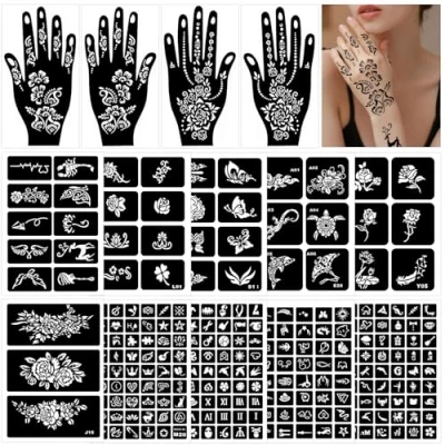 Afbeelding van Ensemble de pochoirs au henné, 247 pièces tatouage temporaire, 14 feuilles henné pour enfants et adultes, femmes, filles, adolescents, peinture