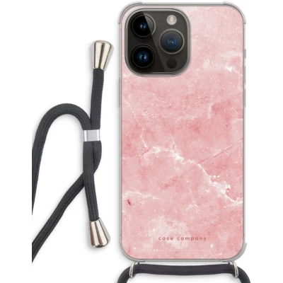 Afbeelding van Case Company® hoesje met Koord geschikt voor iPhone 14 Pro Max Roze marmer Telefoonhoesje Zwart Extra Bescherming aan alle Kanten en Over de Schermrand