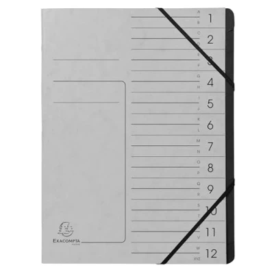 Afbeelding van Exacompta Ref. 541211E 1 Sorteermap met vaste rug en elastosluiting cover gedrukt in glanzend karton binnenin zwart gerecycleerd 12 vakken formaat 24,5x 32 cm A4 kleur grijs