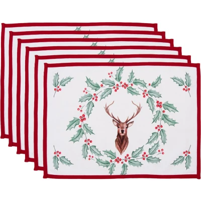 Afbeelding van Clayre &amp; Eef Placemats Set van 6 48x33 cm Wit Rood Katoen Rechthoek