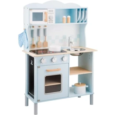 Afbeelding van New Classic Toys Houten Speelkeuken Blauw Met Kookplaat die Licht geeft en Kook Geluid maakt Krijtbord aan de zijkant