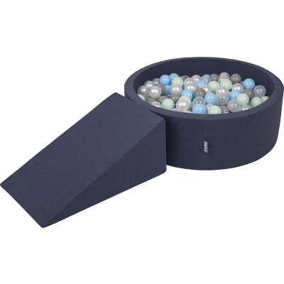 Afbeelding van KiddyMoon Schuim speeltuin met rond ballenbad (200 ballen), hindernisbaan, donkerblauw: parelmoer/grijs/transparant/babyblauw/mint
