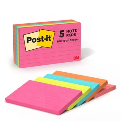 Image de Post it Bloc de 100 feuilles Néon ligné 76x127mm Coloris assortis Lot 5 blocs
