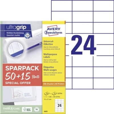 Afbeelding van Avery Zweckform 6605 70 x 37 mm Papier Wit 1560 stuk(s) Permanent hechtend Universele etiketten Laser 65 vel DIN A4