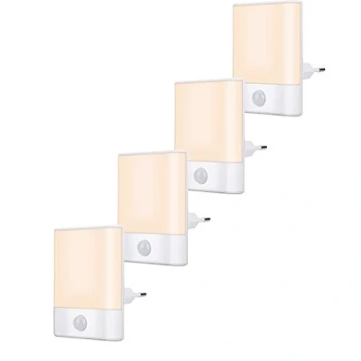 Afbeelding van Brisun Set van 4 led nachtlampjes met bewegingsmelder, instelbare helderheid, 3 modi (auto/aan/uit) voor kinderkamer, trap, hal, slaapkamer, badkamer, warm wit