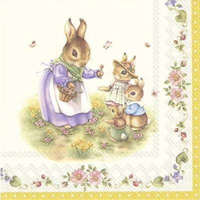 Afbeelding van Set van 20 servetten Konijnenfamilie M tafeldecoratie Pasen 33 x cm