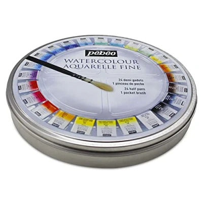 Image de Boîte de 24 demi godets aquarelle + pinceau à eau