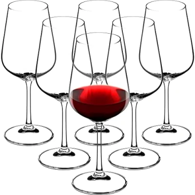 Afbeelding van KADAX Set van 6 rode wijnglazen kristal, 450 ml, mooie met hoge steel, voor thuis, feest, premium kwaliteit, grote onderzetters