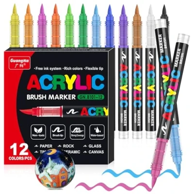 Afbeelding van 12 stuks acrylstiften, 10,5 5 mm, waterdicht, dubbele punt (penseel en fijne punt), met