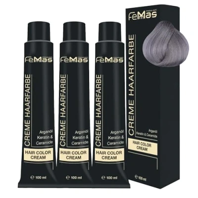 Afbeelding van FemMas Grijs metallic grijze haarverf, professionele crème met glans voor een moderne look, voedende arganolie, keratine, permanente haarkleur of kleur, 3 x 100 ml