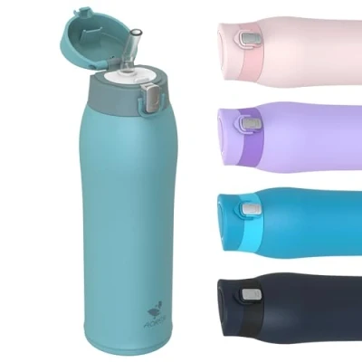 Image de AORIN Gourde 750 ml En acier inoxydable 18/8 Anti fuite Avec paille Sans BPA Pour l&#039;école, le sport, l&#039;eau, vélo