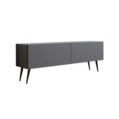 Afbeelding van Meuble TV : deux portes, étagères, Couleur anthracite, pieds noirs D L 140 cm, H 52 P 32 cm