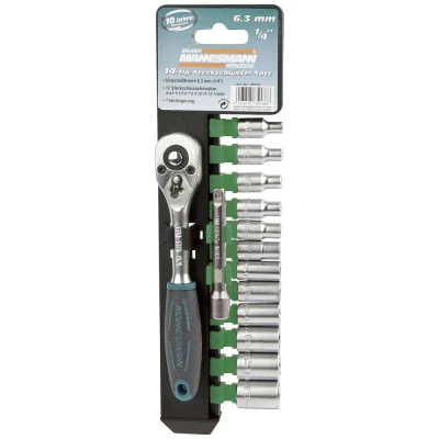 Afbeelding van Brüder Mannesmann Dopsleutelset 14 delig 1/4&quot; 10 jaar garantie Bitset 4, 4.5, 5, 5.5, 6, 7, 8, 9, 10, 11, 12, 13, Chrome Vanadium Staal