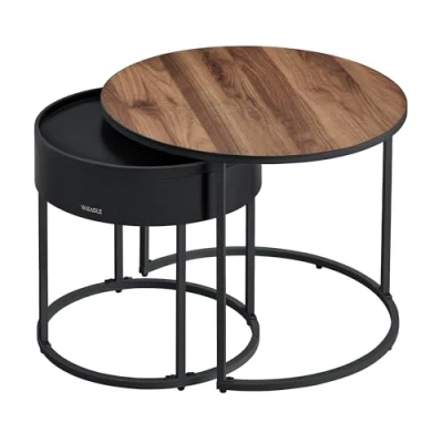 Afbeelding van VASAGLE Salontafels, set van 2, ronde bijzettafels, uittrektafels, moderne stijl, discrete opslag en dienblad, voor woonkamer, slaapkamer, balkon, natuurlijk walnoot inktzwart LCT044K43