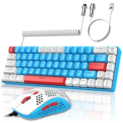 Image de YINDIAO T8 Combos Clavier et Souris de Jeu 60% RVB + Câble USB C Spiralé,Clavier Mécanique Filaire,Disposition Compacte 68 Touches TKL,Souris en Nid d&#039;abeille,Jusqu&#039;à 6400 DPI,pour PC PS5,Bleu