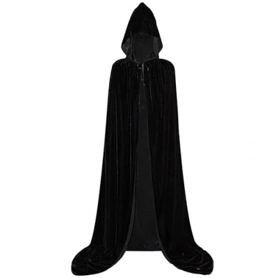 Afbeelding van CHUANGOUONLY Zwarte cape met capuchon voor Halloween, fluwelen volwassenen, carnaval, Kerstmis, middeleeuws (150 cm)