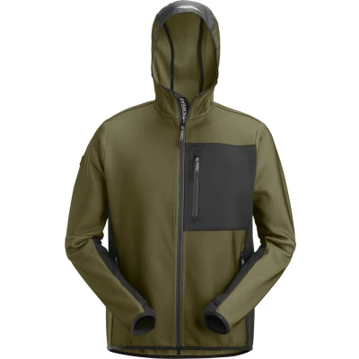 Afbeelding van Snickers 8044 FlexiWork, Tussenlaag Hoodie met Rits Khaki Groen/Zwart