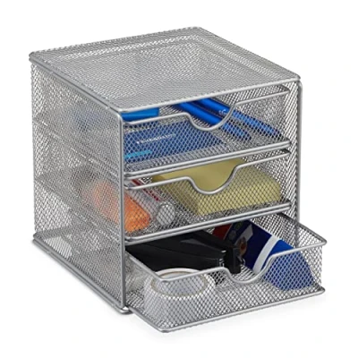 Afbeelding van Relaxdays bureau organizer metaal 3 lades gaas opslagsysteem voor kantoorartikelen zilver