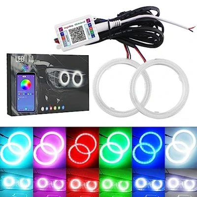 Afbeelding van Qasim 1 paar 70 mm Angel Eyes RGB LED COB Halo Ring Universeel voor DRL Auto Koplamp Motorfiets Waarschuwingslamp met Cover Bluetooth Mobiele APP 12V