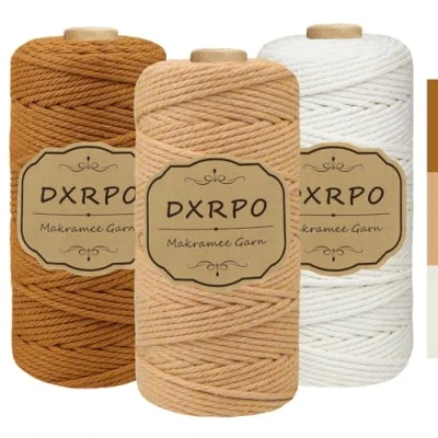 Afbeelding van DXRPO Set van 3 macramégaren mm x 100 m katoengaren voor doe het zelf handwerk, hangplanten, Kerstmis, boho decoratie (natuur, bruin, donkerbruin)