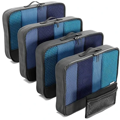 Afbeelding van Gemakkelijk te organiseren pakzakken voor koffers. Kledingopslag met reiskubussen een kledingtas OW Travel Koffer accessoires Organizer Set Suitcase Packing Travel, Zwart 4 Large + Mesh Rits Pouch.