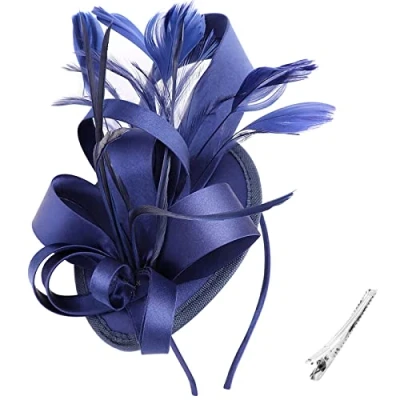 Afbeelding van DRESHOW Fascinators Hoed linten veren op een hoofdband clip cocktail thee party hoeden voor meisjes en vrouwen, 1 x fascinator hoed: blauw