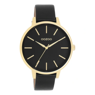 Afbeelding van OOZOO Timepieces Goudkleurige horloge met zwarte leren band C11294