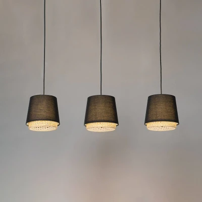 Afbeelding van Lindby hanglamp 3lichts ijzer, rotan E27 zwart, licht hout