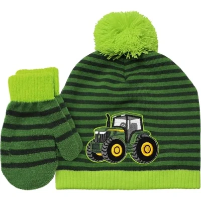 Afbeelding van JOHN DEERE Gebreide muts voor kinderen, tractorhandschoenen, groen, gestreept, acryl, 47 52, Groen