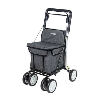 Afbeelding van Carlett Boodschappentrolley rollator met zitje, plooibare supermarkttrolley 4 wielen afneembare tas 29 l/15 kg en lade voor persoonlijke spullen, Lett800 Senior Comfort, Azure