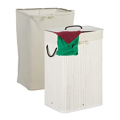 Afbeelding van Relaxdays wasmand bamboe wasbox met deksel mand voor wasgoed opvouwbaar waszak wit