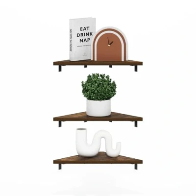 Afbeelding van Furinno Rossi Set van 3 driehoekige zwevende hoekplanken voor wandmontage, barnsteengrenen