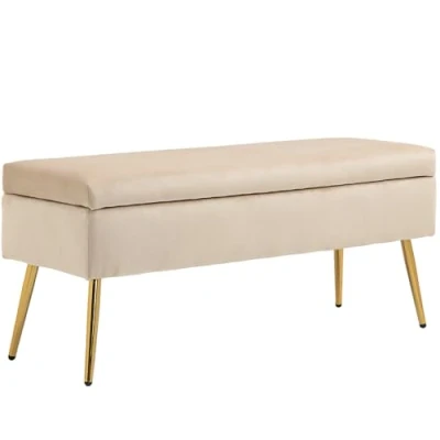 Afbeelding van HOMCOM 2 in 1 bank van fluweel, opbergbank, 30,5 l, met klapdeksel en metalen poten, voor hal, woonkamer, slaapkamer, 102 x 35 43 cm, beige