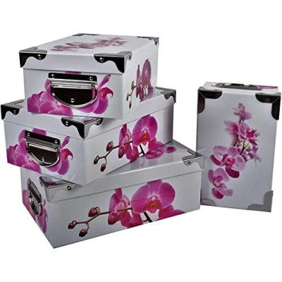 Afbeelding van 2.J. orchidee 4 stuks opbergdozen met kartonnen deksel bedrukt metalen hoeken en handgrepen. Afmetingen: 23 x 15 9,25 16,5 10,27 18 10,5, 29 20 11 cm