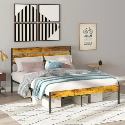 Afbeelding van HOMCOM Bedframe voor tweepersoonsbed, 160 x 200 cm, industrieel, tweepersoonsbed met opbergruimte onder het bed, lattenbodem, hoofdeinde en voeteneinde, van hout staal,