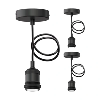 Afbeelding van ledscom.de 3 stuks RETRA hanglamp/hanglamp, textielkabel, mat zwart, 1 x E27 max. 60 W