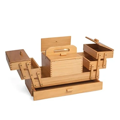 Afbeelding van Hobby Gift Houten opbergdoos voor naaiwerk en knutselwerk, 4 etages met uitneembare lade