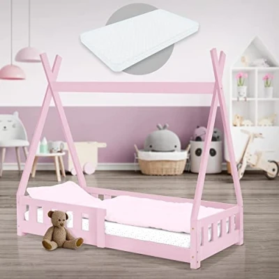Afbeelding van Kinderbed met uitvalbeveiliging en lattenbodem 70x140 cm Roze grenenhout ML Design