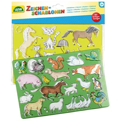 Image de Set créatif 2 pochoirs en plastique animaux ferme avec feuille modèles