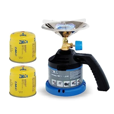 Afbeelding van Z.M.C Campingkooktoestel + 2 gaspatronen 190 g, gasfornuis met handvat voor camping, houtskoolaansteker buiten, patroonkoker boorpatroon, kleine gasbarbecue