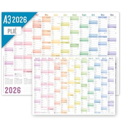 Afbeelding van Häfft® Wandkalender 2026 A3 in het Frans (42 x 29,7 cm) gevouwen &quot;Rainbow&quot;, wandplanner met Franse feestdagen + extra A4 kalender, duurzaam en klimaatvriendelijk