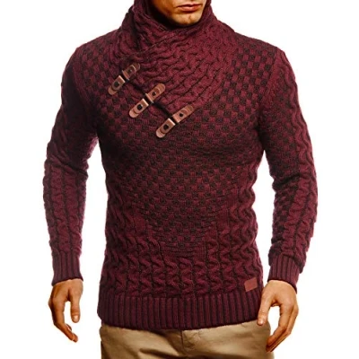 Afbeelding van Leif Nelson Gebreide herentrui met sjaalkraag, hoogwaardige wintertrui, regular fit, ideaal voor casual en zakelijke looks, verkrijgbaar in vele maten, Zwart/Rood