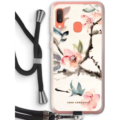 Afbeelding van Case Company® hoesje met Koord geschikt voor Samsung Galaxy A20e Japanse bloemen Telefoonhoesje Zwart Bescherming aan alle Kanten en Over de Schermrand