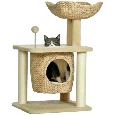 Afbeelding van PawHut Petit arbre à chat, 74 cm, avec grotte, balle de jeu, tour d&#039;escalade d&#039;intérieur lit, meuble pour chats jusqu&#039;à 5 kg, beige