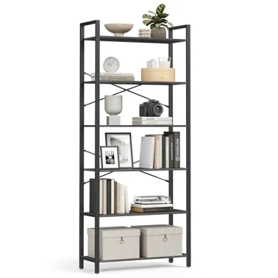 Afbeelding van VASAGLE Boekenkast met 6 niveaus, vrijstaande plank stalen frame, plank, woonkamer, slaapkamer, kantoor, 30 x 80 186 cm, industrieel design, zwart ebbenhout inkt LLS082B56