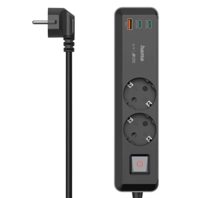 Afbeelding van Hama, Stekkerdoos, Contactdoos, 2 weg, USB C/A 65W, PD, schakelaar, 1,4 m, zwart/grijs (2 x, CEE 7/3, 1.40 m)