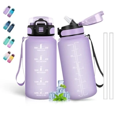 Image de bouteille d&#039;eau pour enfants, 500 ml, motivante, avec paille, gourde enfant, facile à nettoyer, bouteilles école, marque de temps, eau, café, jus, violet