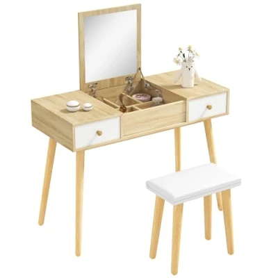 Afbeelding van HOMCOM Make uptafelset met opklapbare spiegelkruk, Scandinavische stijl, 2 laden, in 1, bureau, 100 x 45 118 cm
