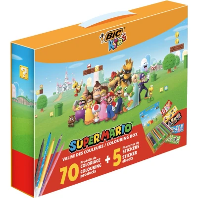 Afbeelding van BIC Kids Super Mario Kleurdoos met Kleurpotloden Visaquarelle Aquarelpotloden Viltstiften en Stickers Verschillende Kleuren Herbruikbare Doos van 70 Stuks 5 Stickervellen